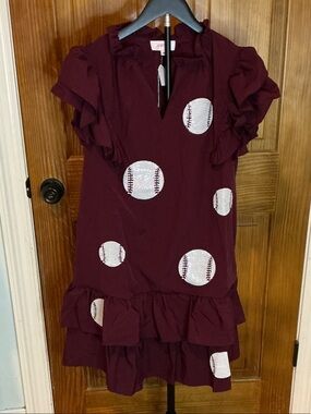Maroon Ruffle Mini Dress with Baseball Appliqués